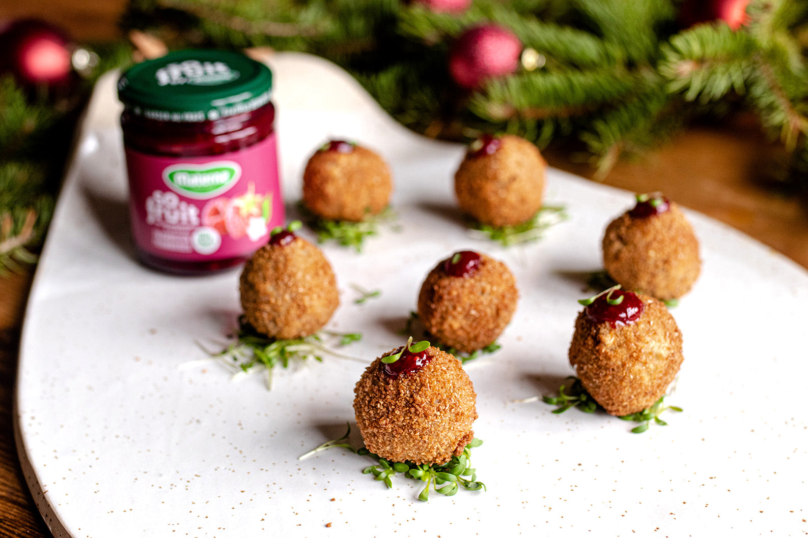 Croquettes de boudin blanc au pain d’épices et confiture SoFruit framboises