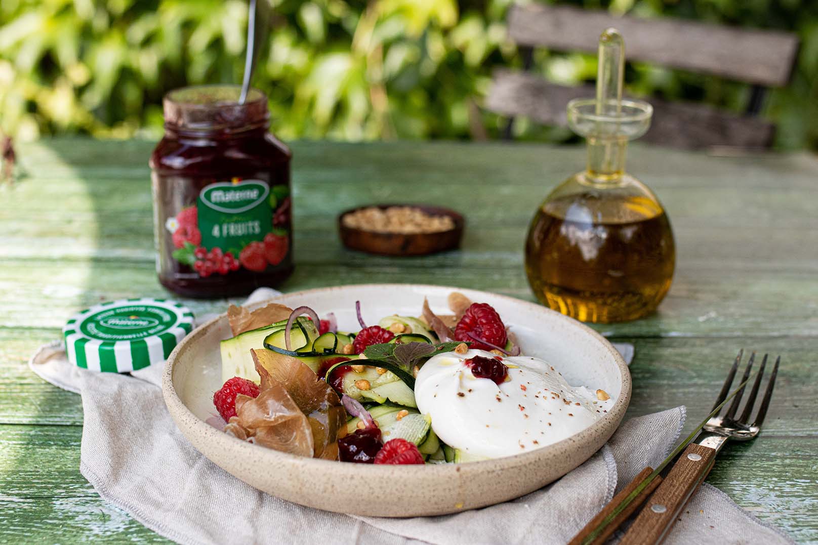 Tagliatelle de courgettes, burrata et confiture 4 fruits