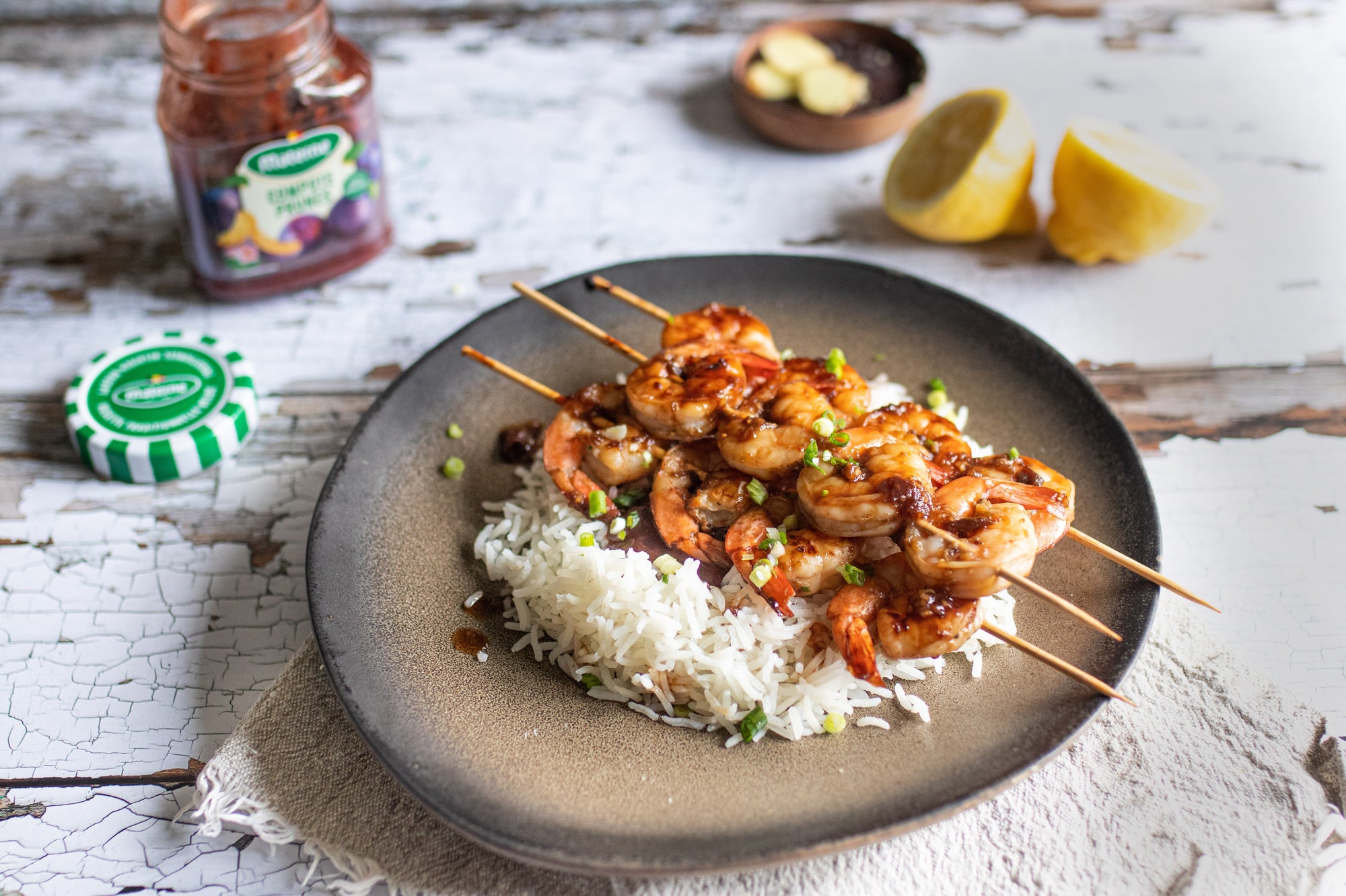 Scampis marinés à la compote de prunes