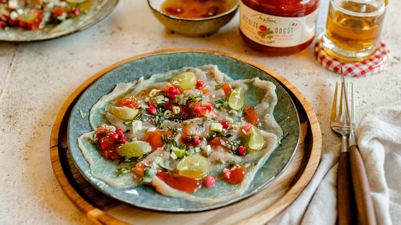 Carpaccio de veau et vinaigrette à la confiture fraise – rhubarbe Récolte