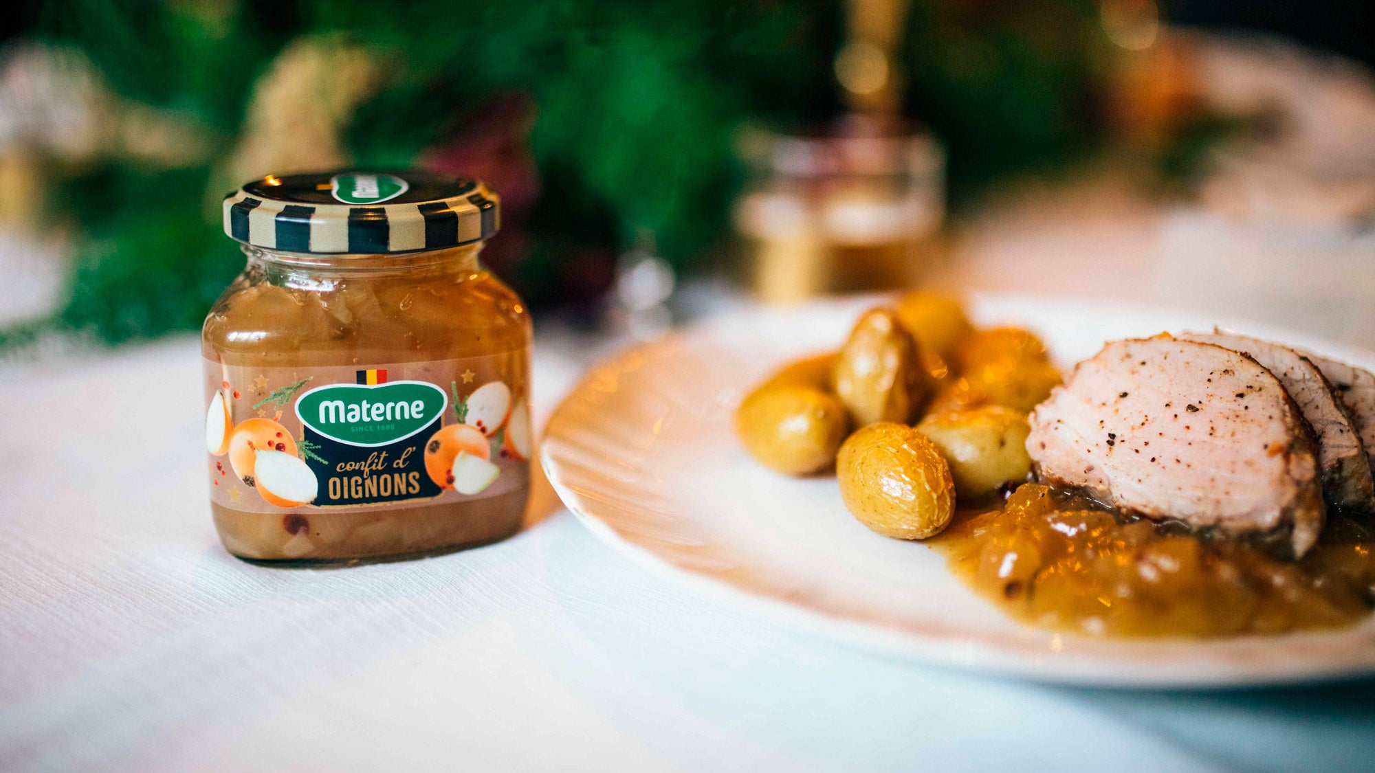 Filet mignon de porc rôti au sirop d’érable, moutarde et confit d’oignons Materne