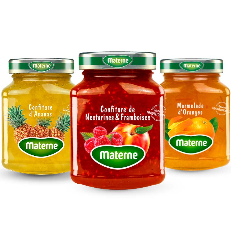 PACK AVONTUUR <br> 1 confituur nectarines-frambozen, <br> 1 ananasconfituur en <br>1 sinaasappelmarmelade <br> 3 x 450 g