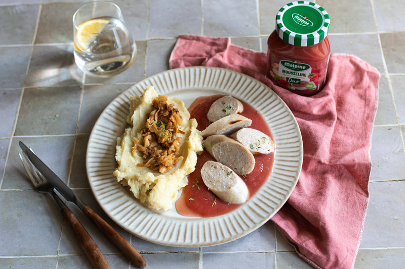 Boudin blanc doré, purée aux oignons caramélisés & Mousseline pommes-framboises