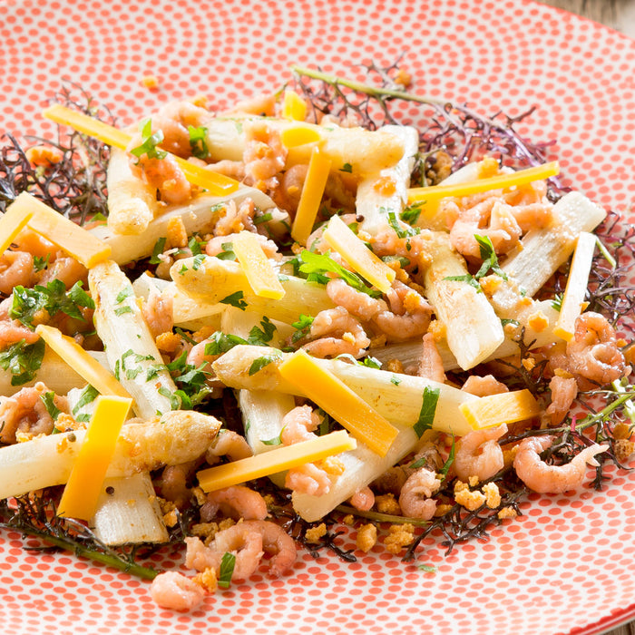Salade d'asperges blanches et crevettes grises, vinaigrette aux fruits