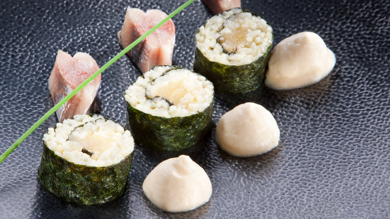 Espuma de pommes, sushi et maatjes