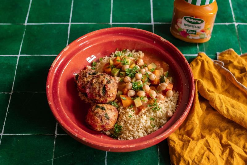 Boulettes de poulet façon tajine à la compote Duo Pomme Abricot Materne