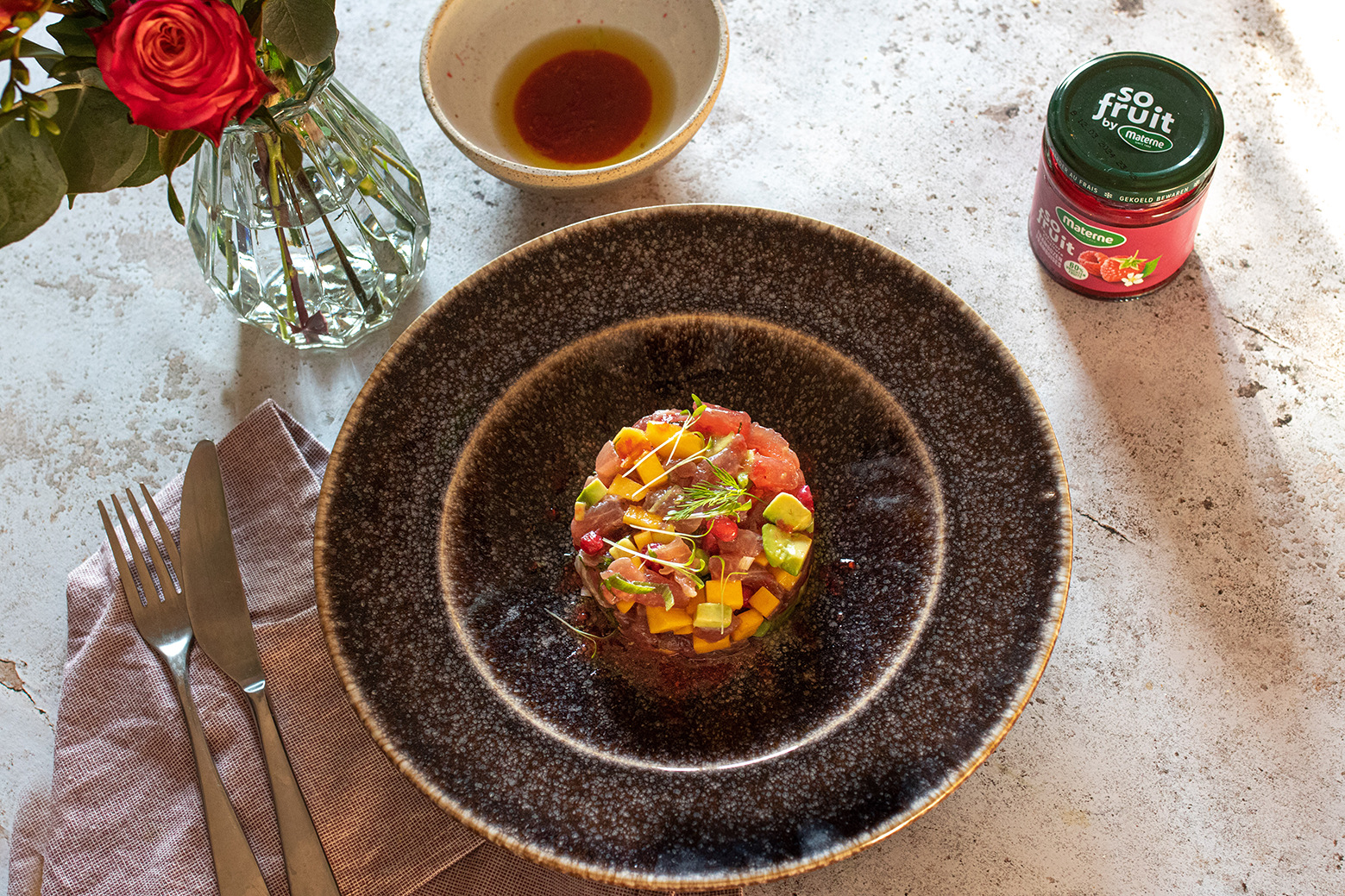 Tartare de thon rouge et confiture SoFruit à la framboise