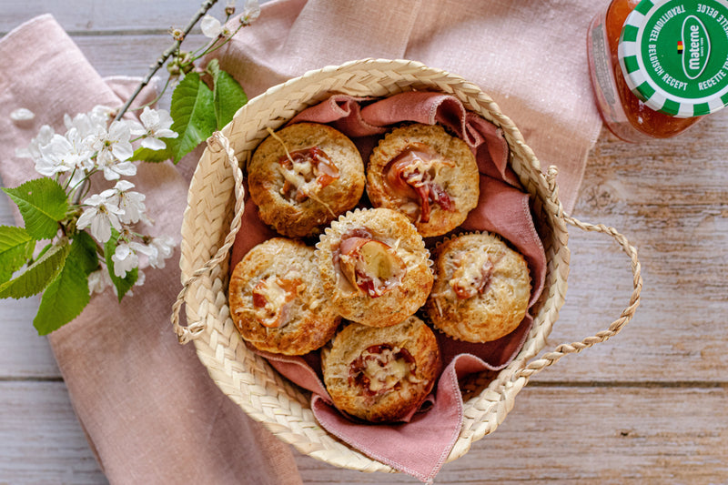 Muffins sucré salé, au jambon fumé, comté & confiture de nectarines-framboises