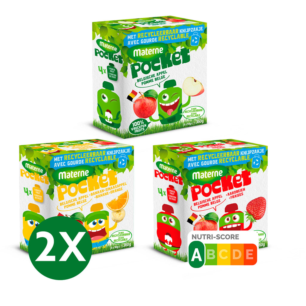 BIEDT MULTIPOCKET <br>2 blikken appels <br>2 blikken aardbeienappels <br> 2 blikjes appel-banaan-sinaasappel